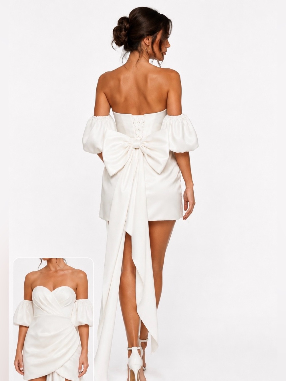 NWT Miss Veil Off-White Mini Dress Puff Sleeve Corset Bow Bridal